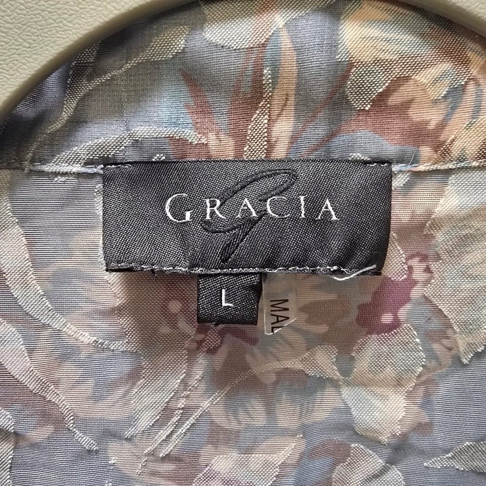 GRACIA Gray Sheer Floral Balloon Sleeve Button Up Blouse Women Size Large - Picture 2 of 9